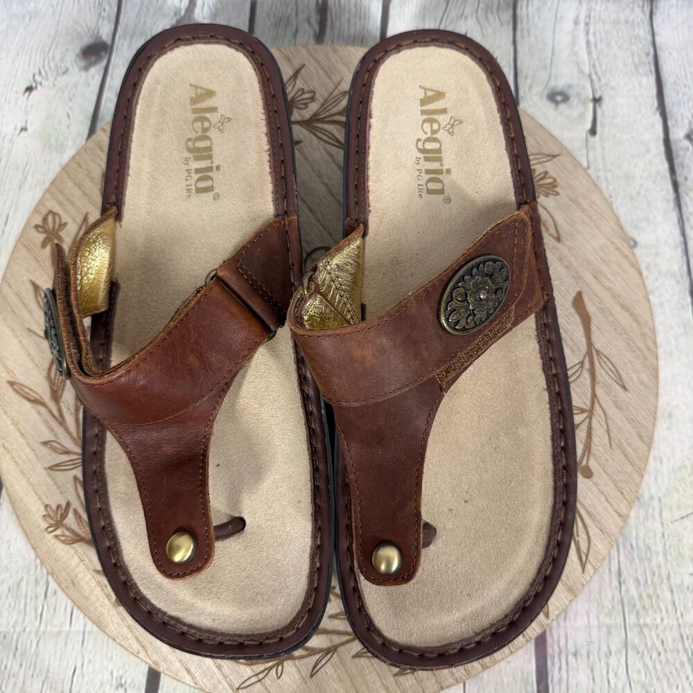 Alegria Carina Thong Sandals Women Size 9.5-10 US 40 EU Brown Leather Shoes